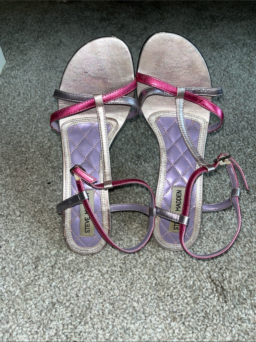 Steve Madden Metallic Pink and Lilac Strappy Sandals with Quilted Footbed